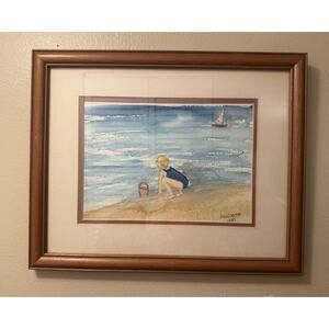 original watercolor painting, Child at Beach, Framed, Signed P. Asgarman, 1989,…
